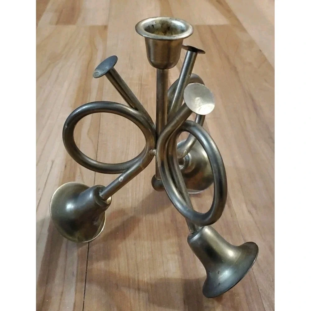 Tripple French Horn Brass Taper Candle Holder Thanksgiving Christmas Holiday